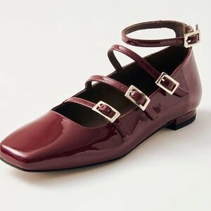 ALOHAS Burgundy Patent Triple-Strap Mary Jane Flats